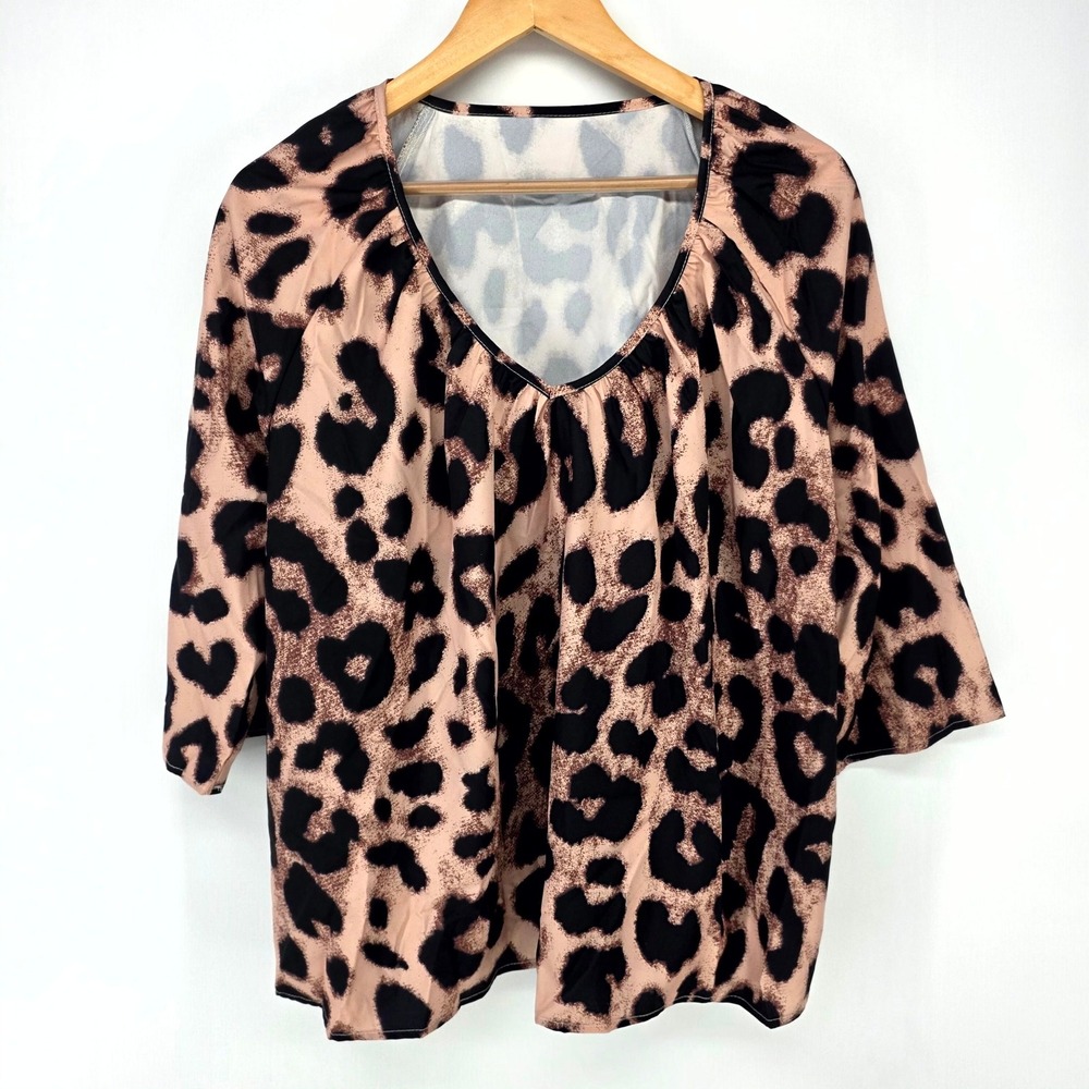 Leopard Blouse Women L Tan Black Animal Print V-Neck 3/4 Sleeve Top